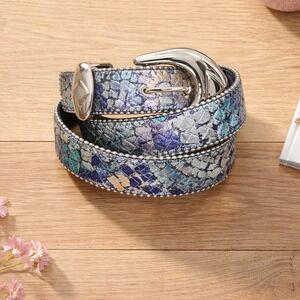 Cordani Blue Purple Snakeskin Embossed Leather Belt Silver Ball Chain Trim 32
